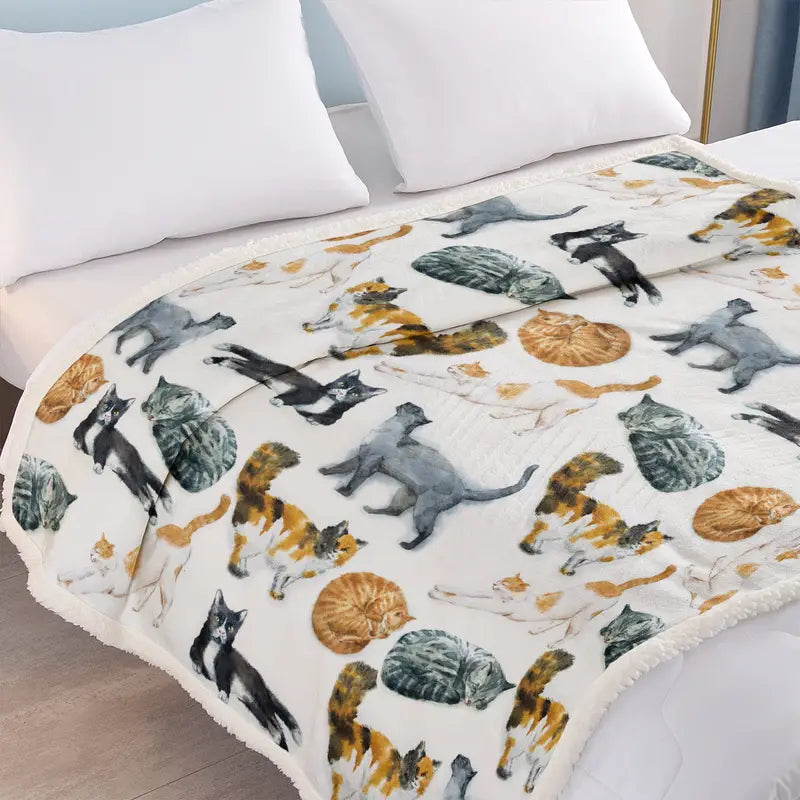 Cat Pattern Sherpa Throw Blanket for Bed (1 Piece)