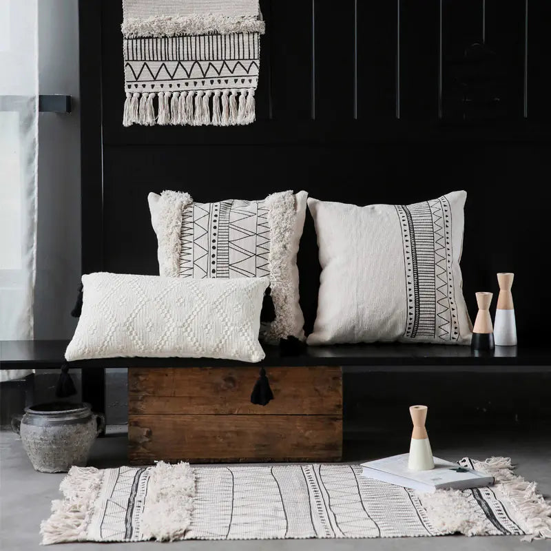 Geometric Black and White Tufted Tassel Pillow