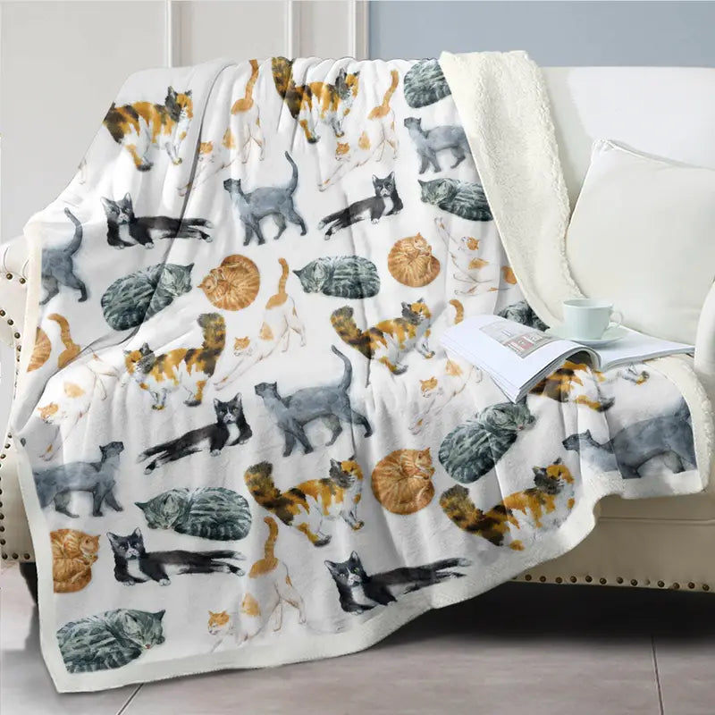 Cat Pattern Sherpa Throw Blanket for Bed (1 Piece)