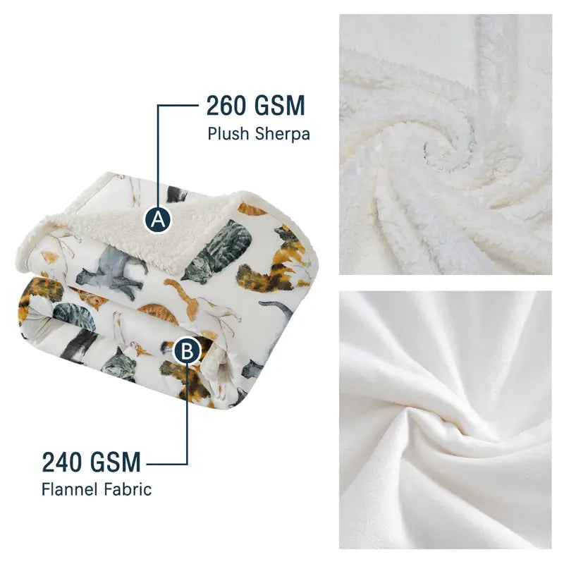 Cat Pattern Sherpa Throw Blanket for Bed (1 Piece)