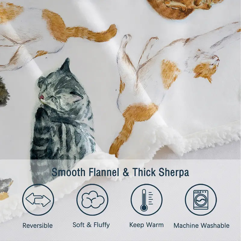 Cat Pattern Sherpa Throw Blanket for Bed (1 Piece)