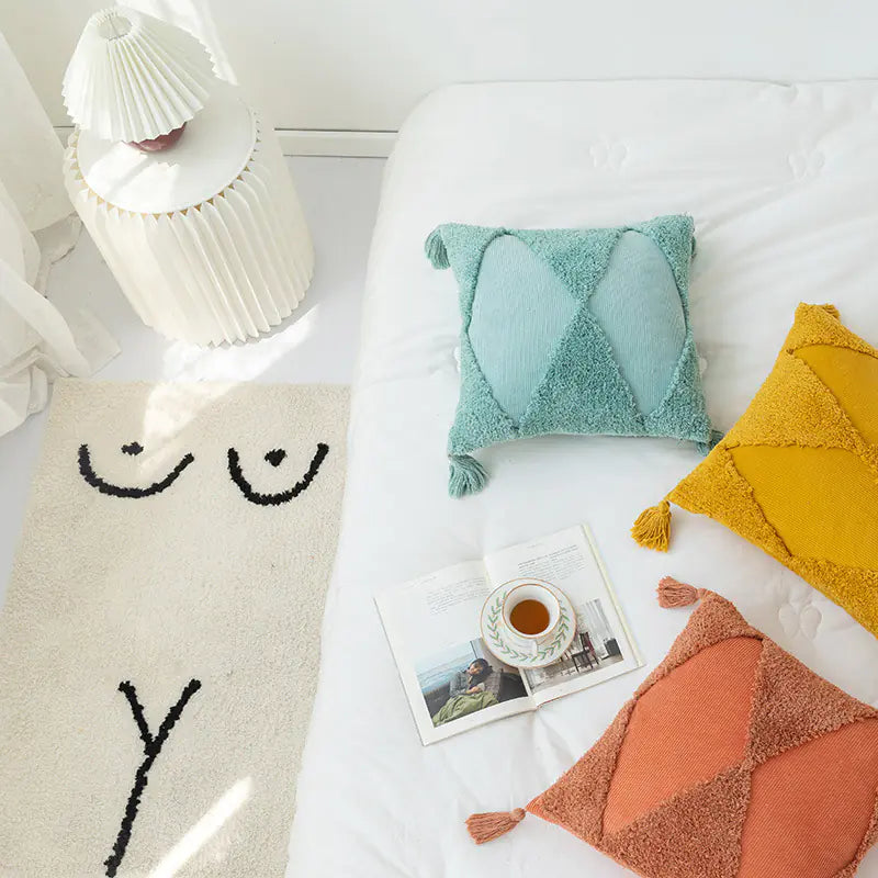 Corduroy Geometric Rhombus Triangle Tassel Pillow Cover