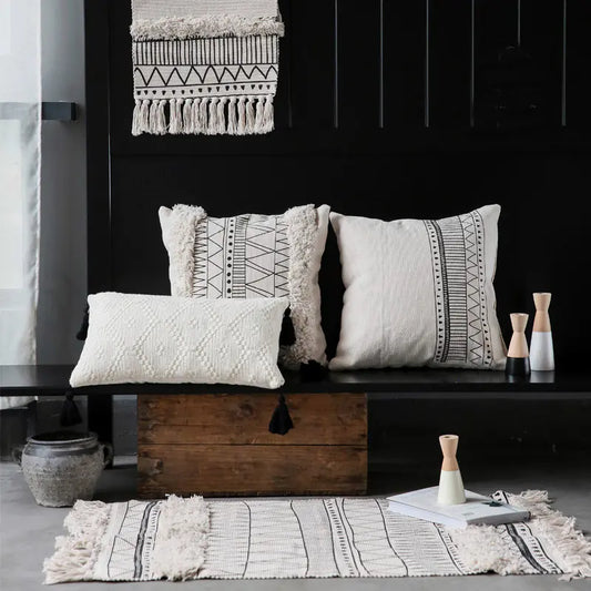 Geometric Black and White Tufted Tassel Pillow