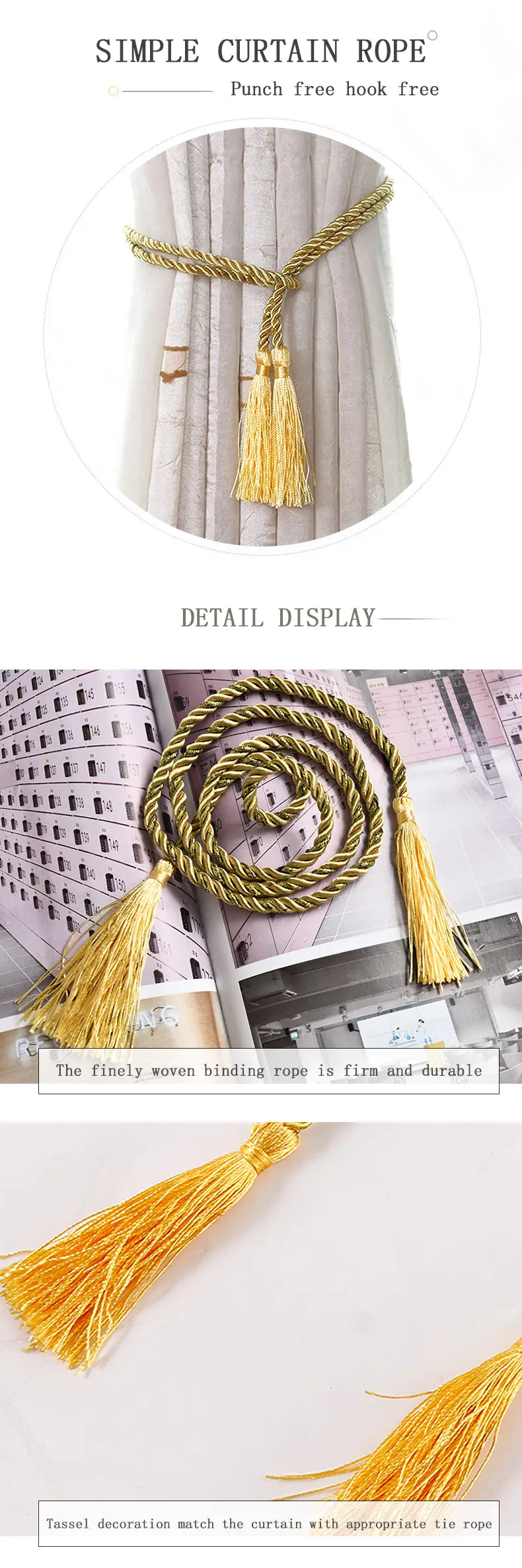 2 pcs Curtain Tieback Rope with Tassel, Blue/Gold