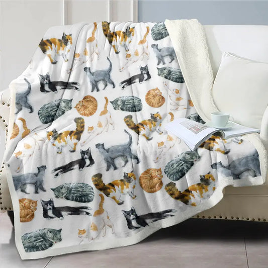 Cat Pattern Sherpa Throw Blanket for Bed (1 Piece)