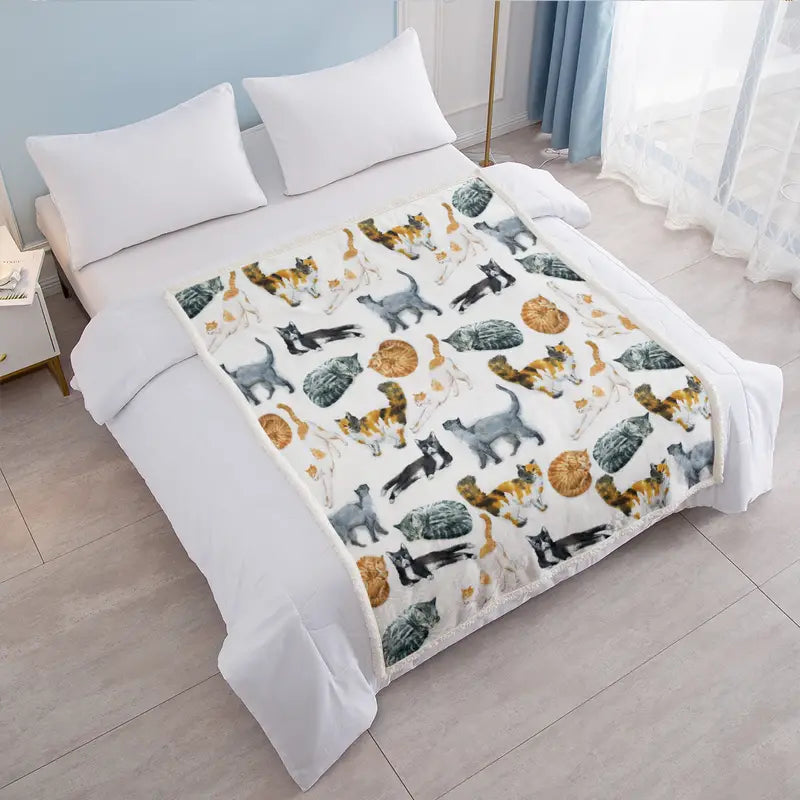 Cat Pattern Sherpa Throw Blanket for Bed (1 Piece)