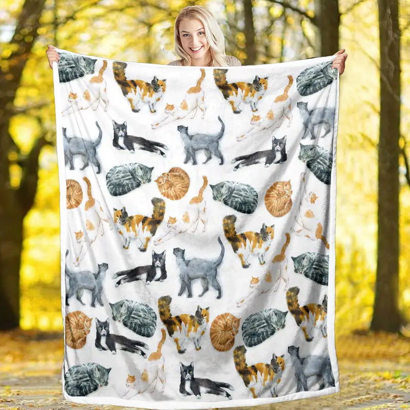 Cat Pattern Sherpa Throw Blanket for Bed (1 Piece)