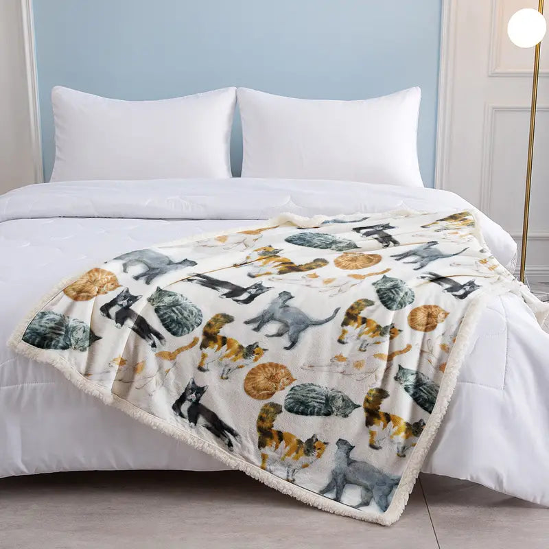 Cat Pattern Sherpa Throw Blanket for Bed (1 Piece)