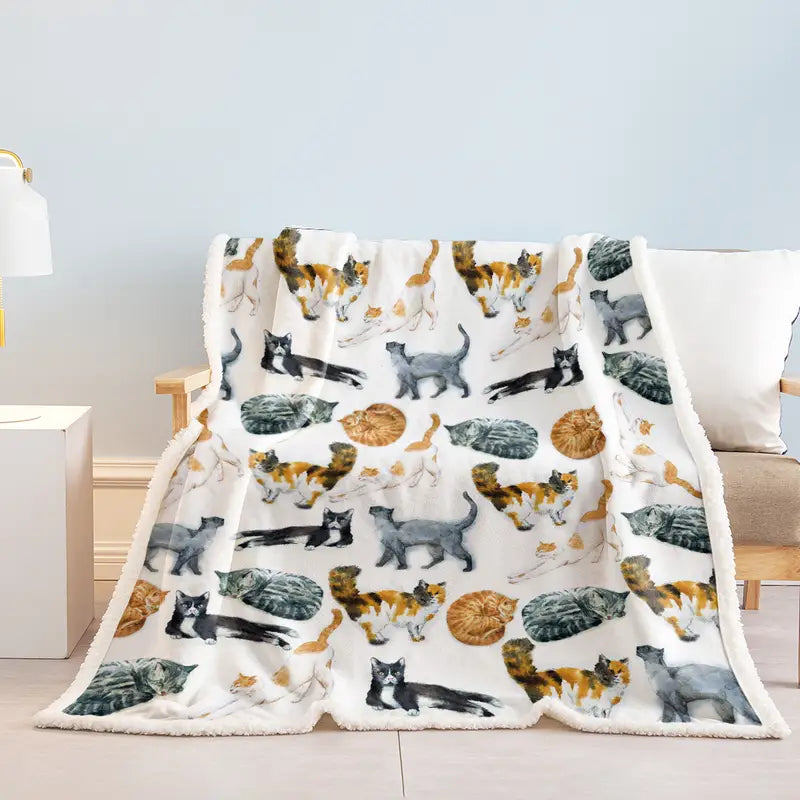 Cat Pattern Sherpa Throw Blanket for Bed (1 Piece)