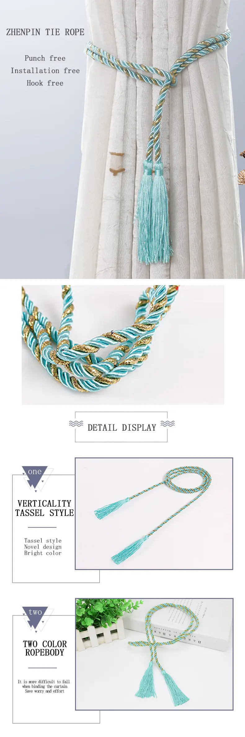 2 pcs Curtain Tieback Rope with Tassel, Blue/Gold